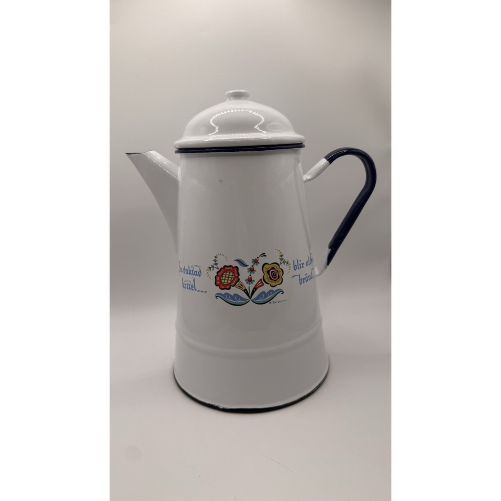 Vintage Berggren White Enamel Tea Coffee Pot Kettel Floral Design with Lid